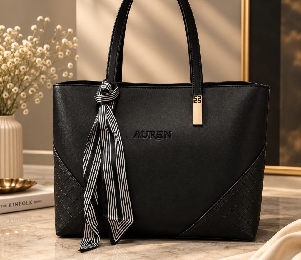 Women's Black Leather Tote Handbag with Silk Scarf - Elegant Shoulder Bag for Work, Office & Everyday Use