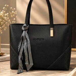 Women's Black Leather Tote Handbag with Silk Scarf - Elegant Shoulder Bag for Work, Office & Everyday Use